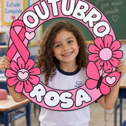 Criança segurando círculo decorativo Outubro Rosa na escola.