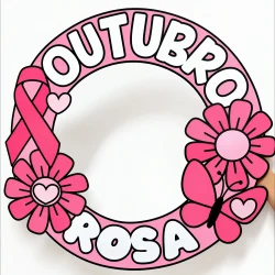 Aro rosa com flores, borboleta e a palavra Outubro Rosa para campanha de conscientização.