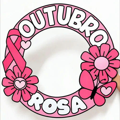 Aro rosa com flores, borboleta e a palavra Outubro Rosa para campanha de conscientização.