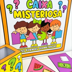 Caixa com formas geométricas coloridas e pontos de interrogação.