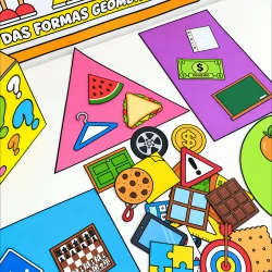 Brinquedos e jogos com formas geométricas coloridas para crianças.