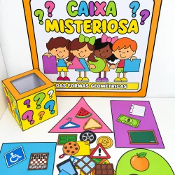 Caixa com formas geométricas coloridas e objetos relacionados a formas.