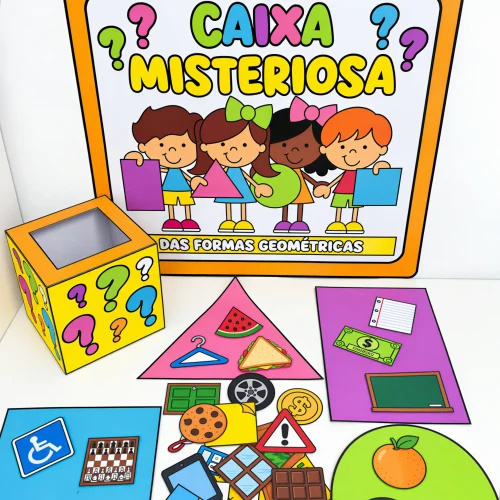 Caixa com formas geométricas coloridas e objetos relacionados a formas.