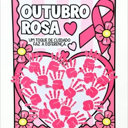 Cartaz Outubro Rosa com laço rosa e mãos de crianças em destaque.