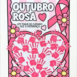 Cartaz de Outubro Rosa com laço, mãos e flores em rosa e branco.