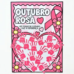 Cartaz de Outubro Rosa com mãos e laço rosa para conscientização.