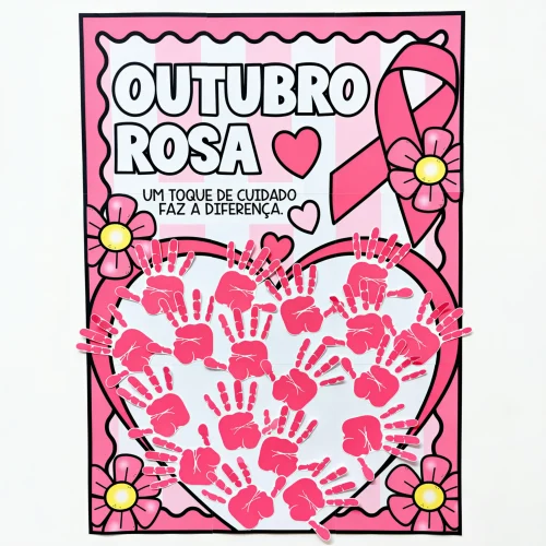 Cartaz de Outubro Rosa com mãos e laço rosa para conscientização.