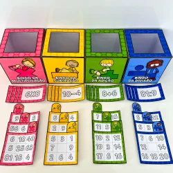 Conjunto de cartões de bingo com operações matemáticas para educação infantil.