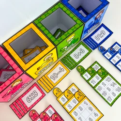 Caixas de bingo coloridas com operações e números para aprendizagem.