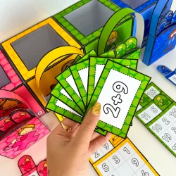 Jogos educativos de bingo com operações de adição, subtração, multiplicação e divisão.