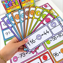 Fichas educativas de adição e subtração com cores e emojis.