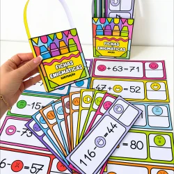 Fichas educativas de adição e subtração com emojis e cores vibrantes.