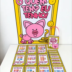 Jogo educativo sobre moedas e cédulas para crianças, com porquinhos e perguntas.
