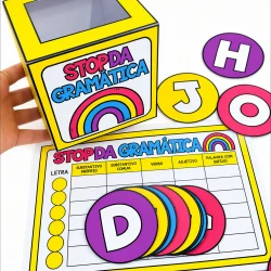 Jogo educativo de gramática com letras e categorias para crianças.