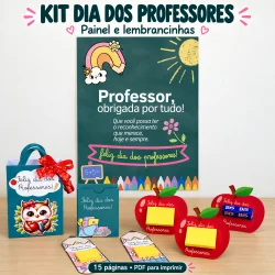 Kit comemorativo do Dia dos Professores com painel, lembrancinhas e mensagens de agradecimento.