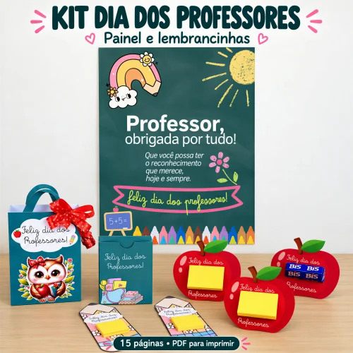 Kit comemorativo do Dia dos Professores com painel, lembrancinhas e mensagens de agradecimento.