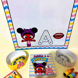 Material pedagógico com personagem, letra A e atividades de aprendizagem.