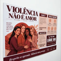 Painel informativo sobre violência contra mulheres e sinais de alerta.