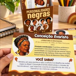Livro sobre personalidades negras brasileiras com ilustrações educativas.