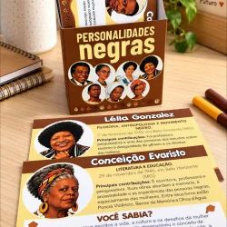 Livro sobre personalidades negras brasileiras com fotos e informações.