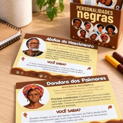 Fichas ilustradas de personalidades negras brasileiras para educação.