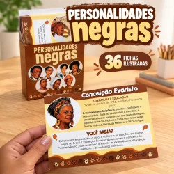 Cartela com fichas ilustradas de personalidades negras brasileiras.